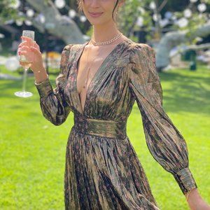 Love Shack Fancy Gold Metallic Floral V-Neck Long Sleeve Dress